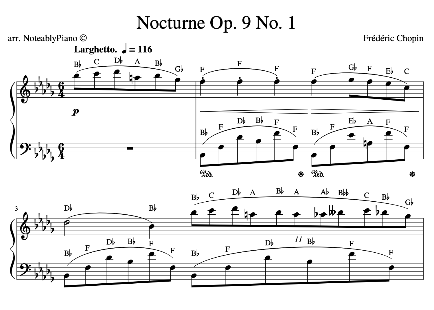Chopin - Nocturne No. 1 in B-Flat Minor, Op. 9 No. 1 with Letter Names